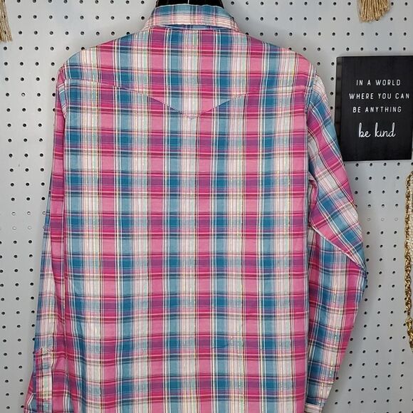 Wrancher Pink & Teal Gold Metallic Western Shirt, Pearl Snaps, Sz L - Picture 6 of 7